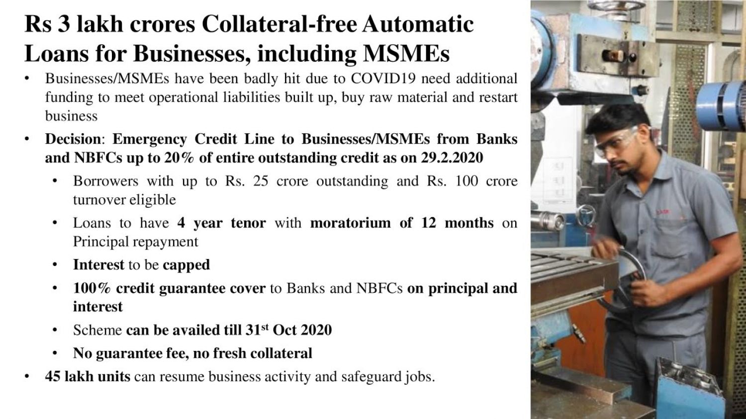 Rs3 lakh crores Collateral free automatic loans for companies, including MSME